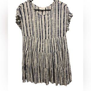 Everly Blue White Tie Dye Short Sleeve Layered Ruffle Flirty Boho Hippie Blouse